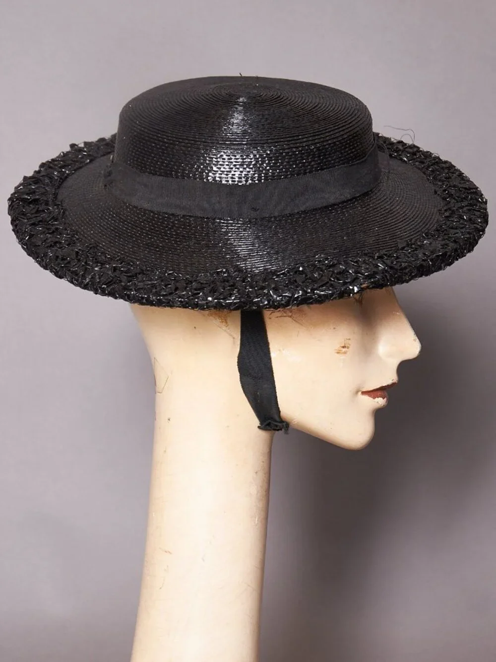1940s Black Raffia Straw Sun Hat Wide Brim - Picture 7 of 13